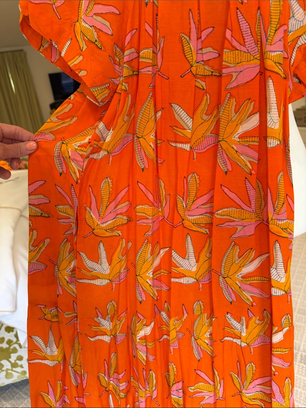 Oliphant- Women’s Orange Off The Shoulder Tropical Print MIDI Dress- Size: Small - Picture 8 of 9